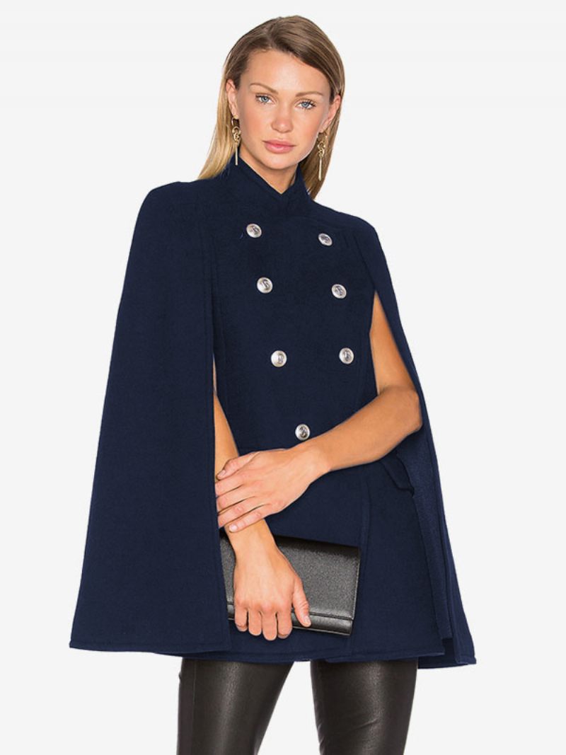 Manteau Poncho Laine Col Montant Double Boutonnage Femmes Cape Vêtements D'extérieur - Marine Foncé