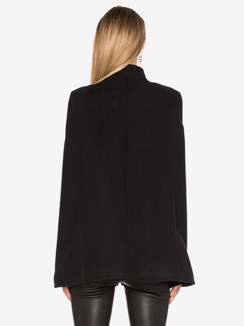 Manteau Poncho Laine Col Montant Double Boutonnage Femmes Cape Vêtements D'extérieur - Noir