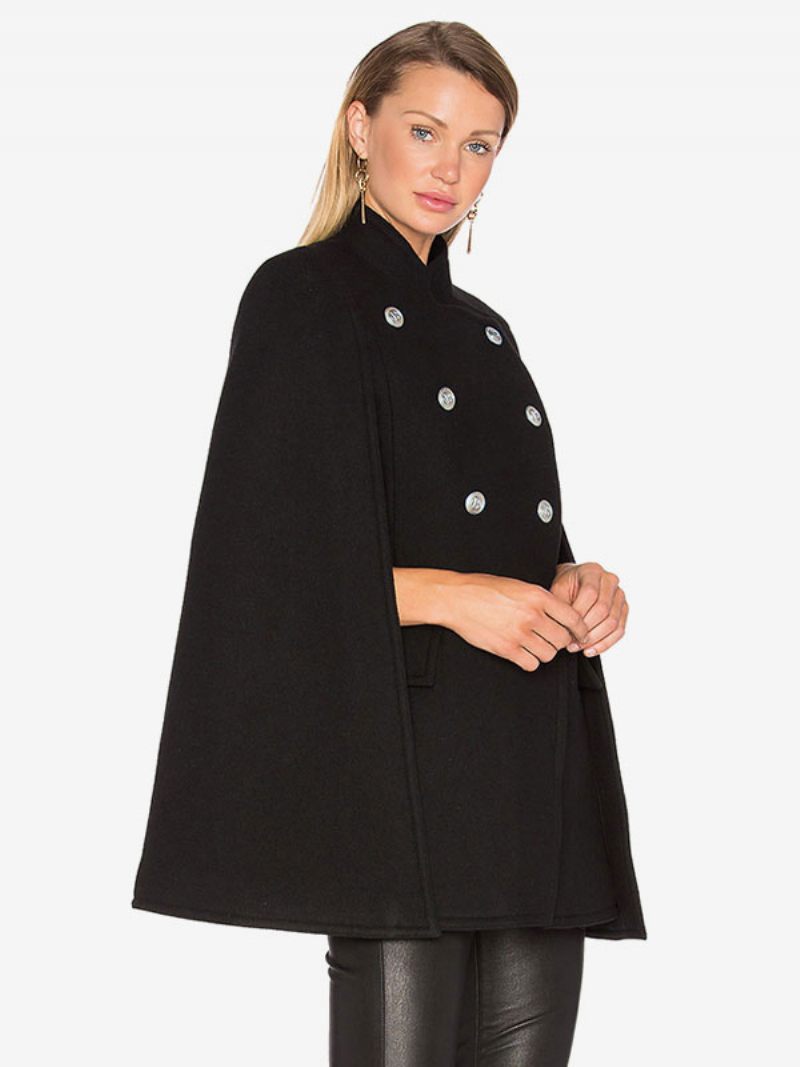 Manteau Poncho Laine Col Montant Double Boutonnage Femmes Cape Vêtements D'extérieur - Noir