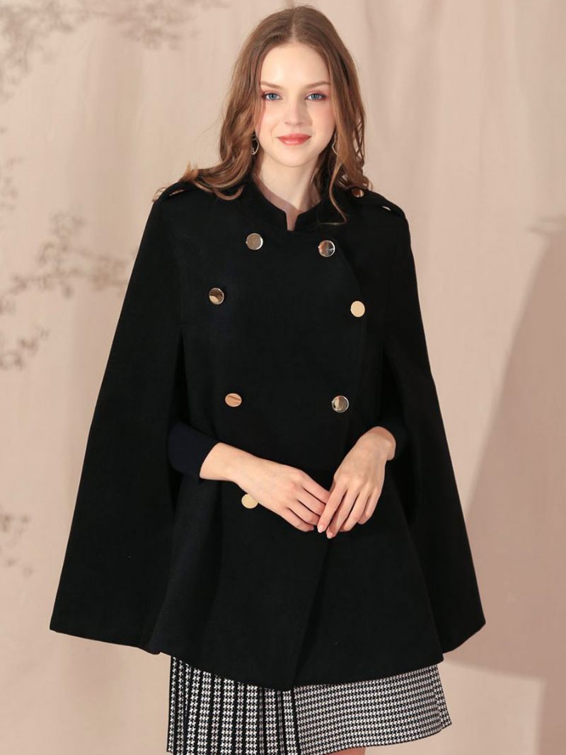 Manteau Poncho Noir Cape À Double Boutonnage Vêtements D'extérieur Printemps Pour Femmes