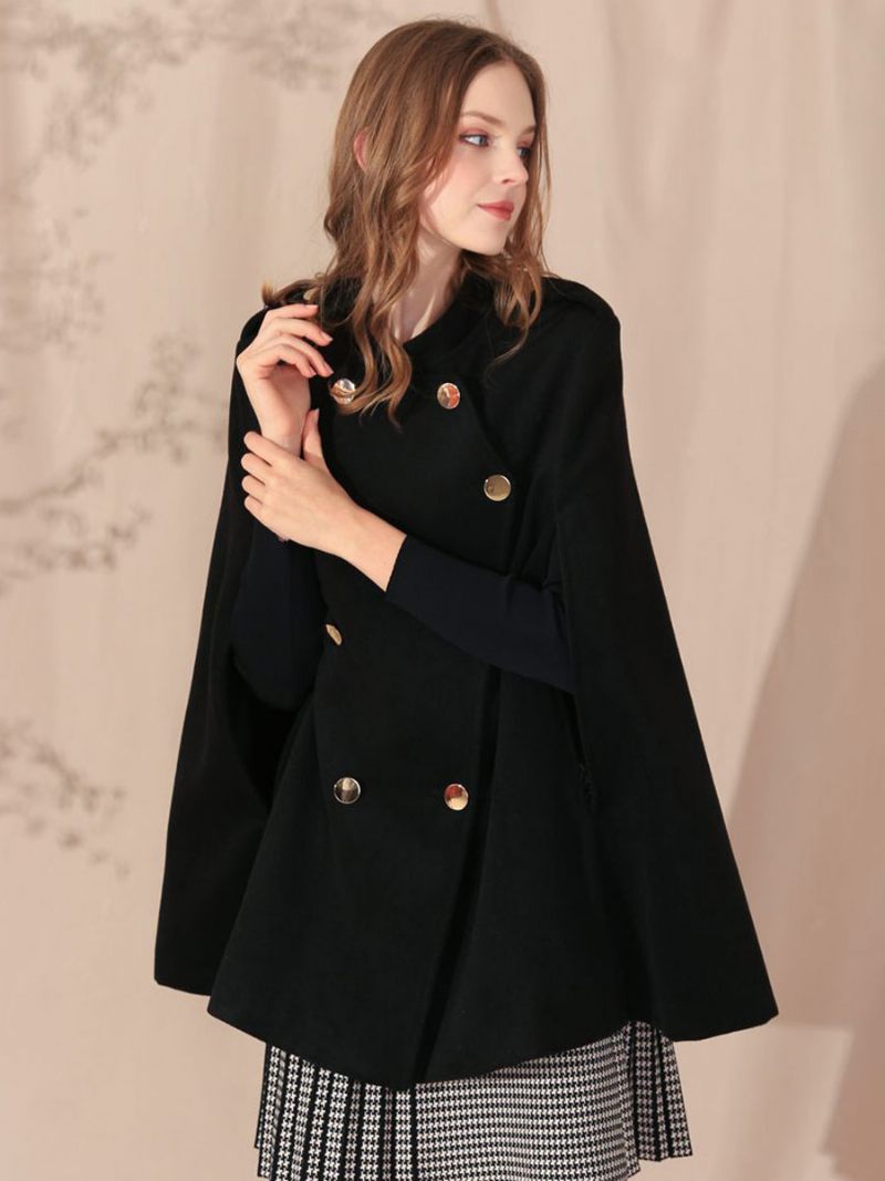 Manteau Poncho Noir Cape À Double Boutonnage Vêtements D'extérieur Printemps Pour Femmes - Noir