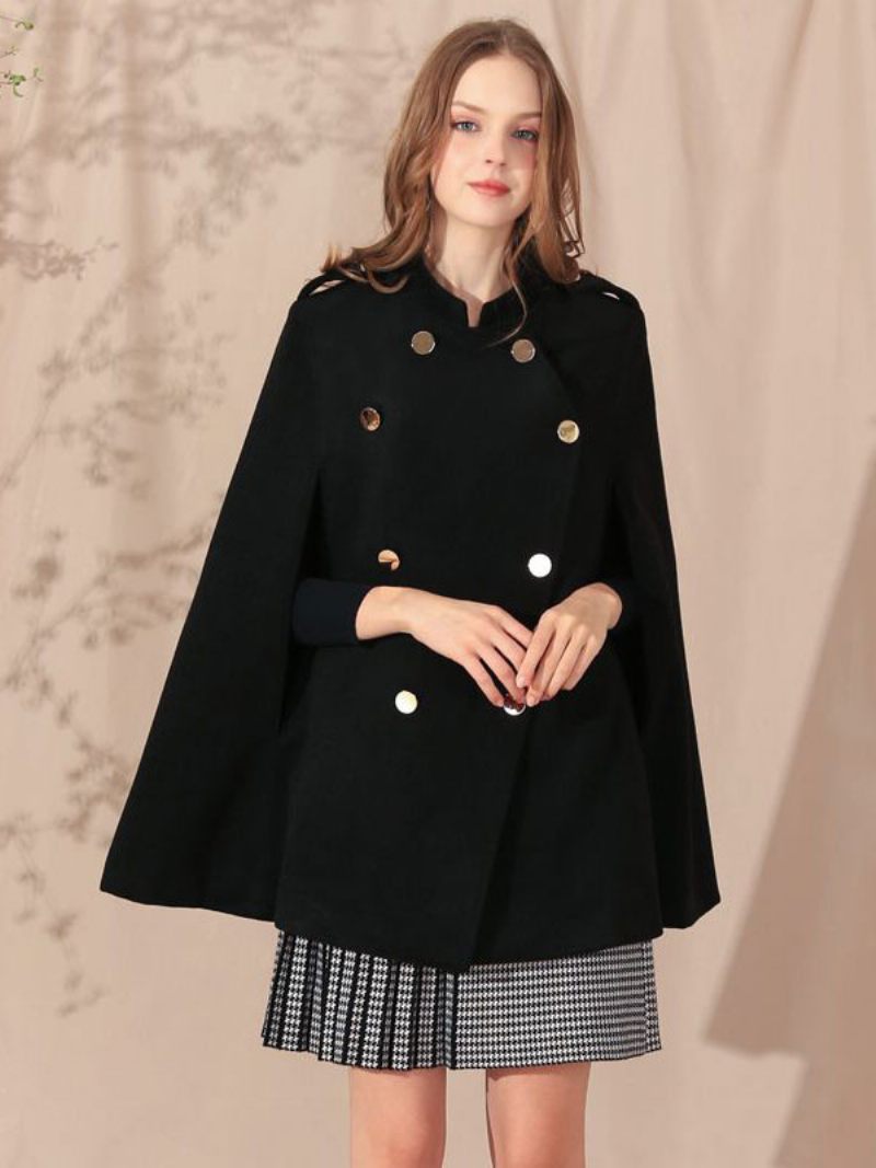 Manteau Poncho Noir Cape À Double Boutonnage Vêtements D'extérieur Printemps Pour Femmes - Noir