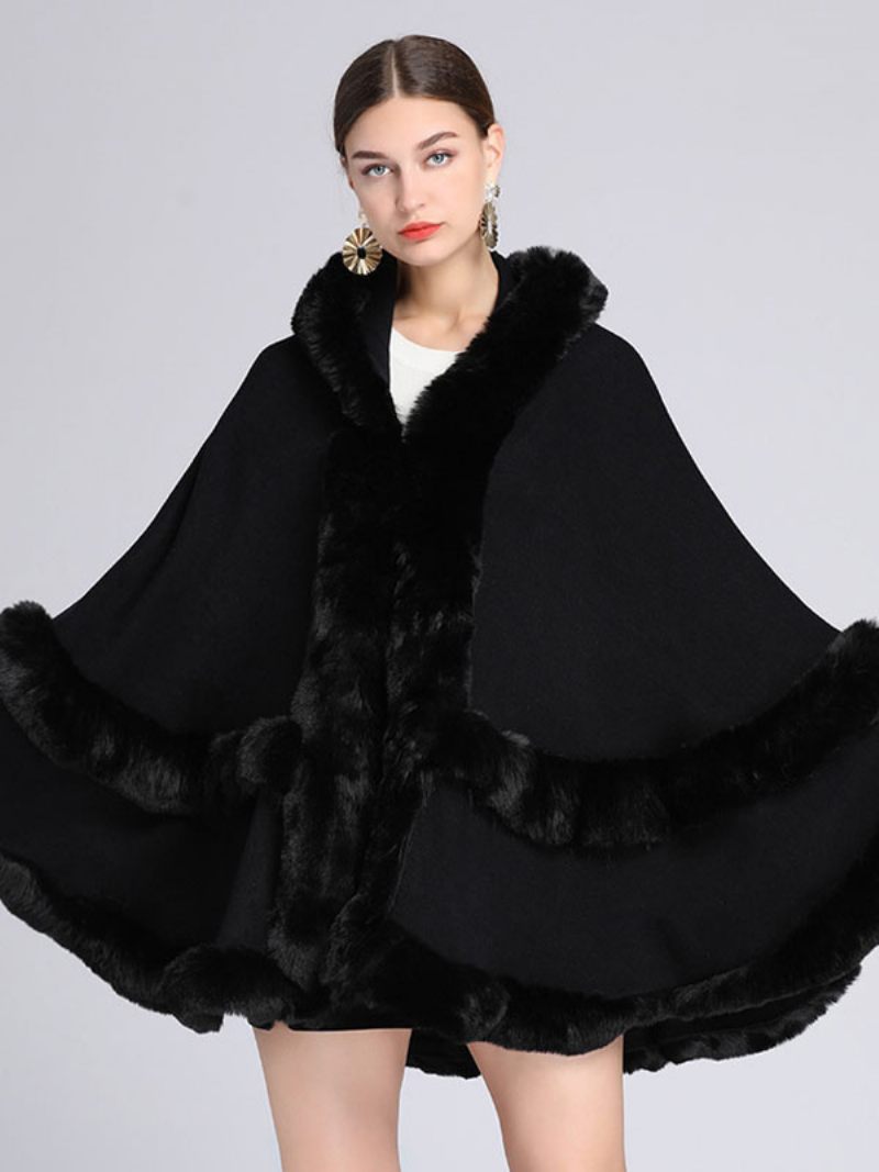 Manteau Poncho Surdimensionné Fausse Fourrure Pour Femmes Cape Vêtements D'extérieur D'hiver 2024 - Noir