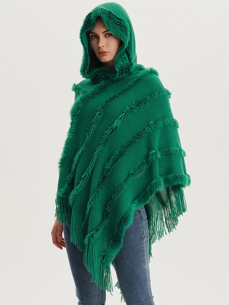 Poncho À Capuche Pour Femme Cape Franges Surdimensionnée Verte