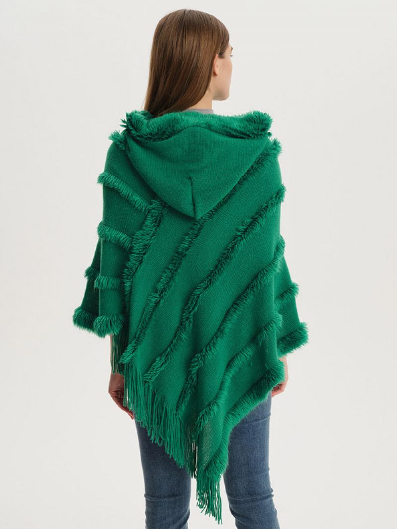 Poncho À Capuche Pour Femme Cape Franges Surdimensionnée Verte - Vert