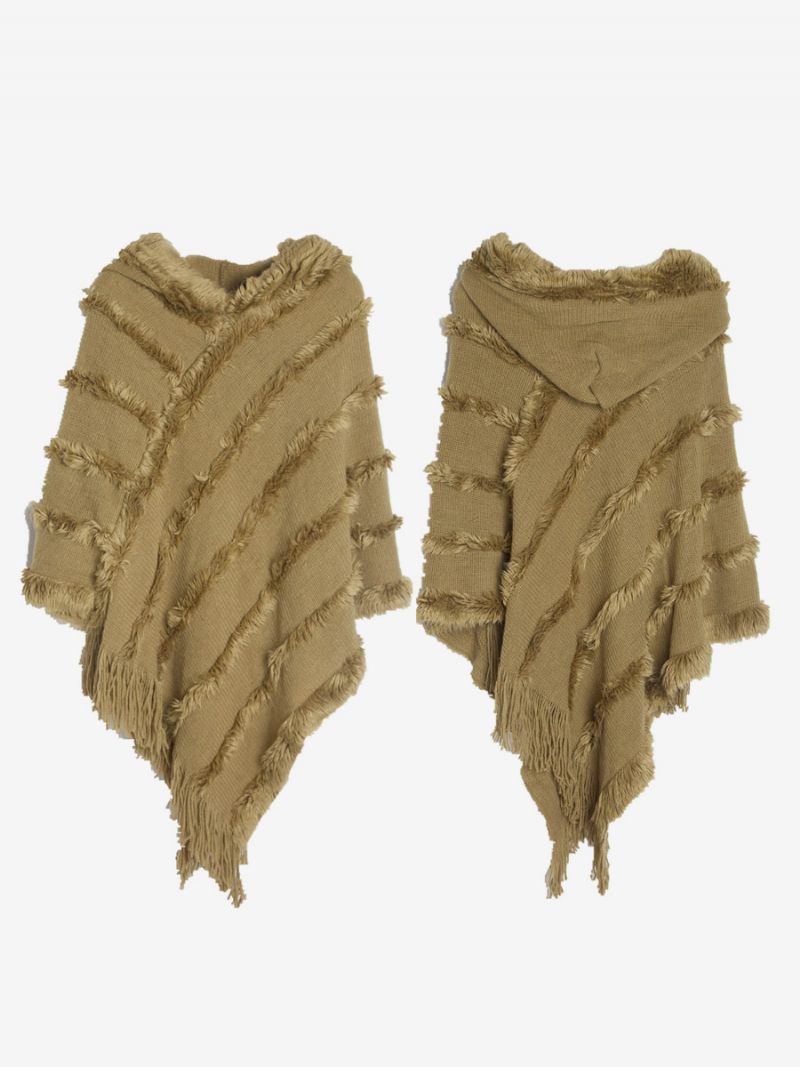 Poncho À Capuche Pour Femme Cape Franges Surdimensionnée Verte - Vert Chasseur