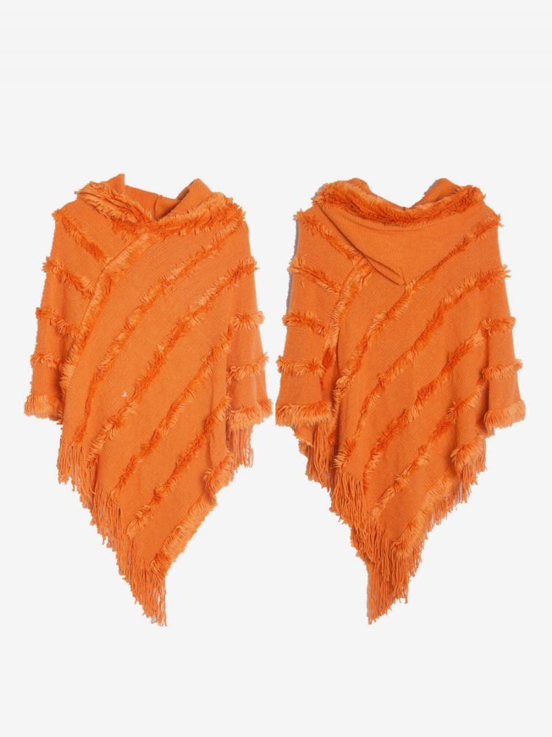 Poncho À Capuche Pour Femme Cape Franges Surdimensionnée Verte - Orange