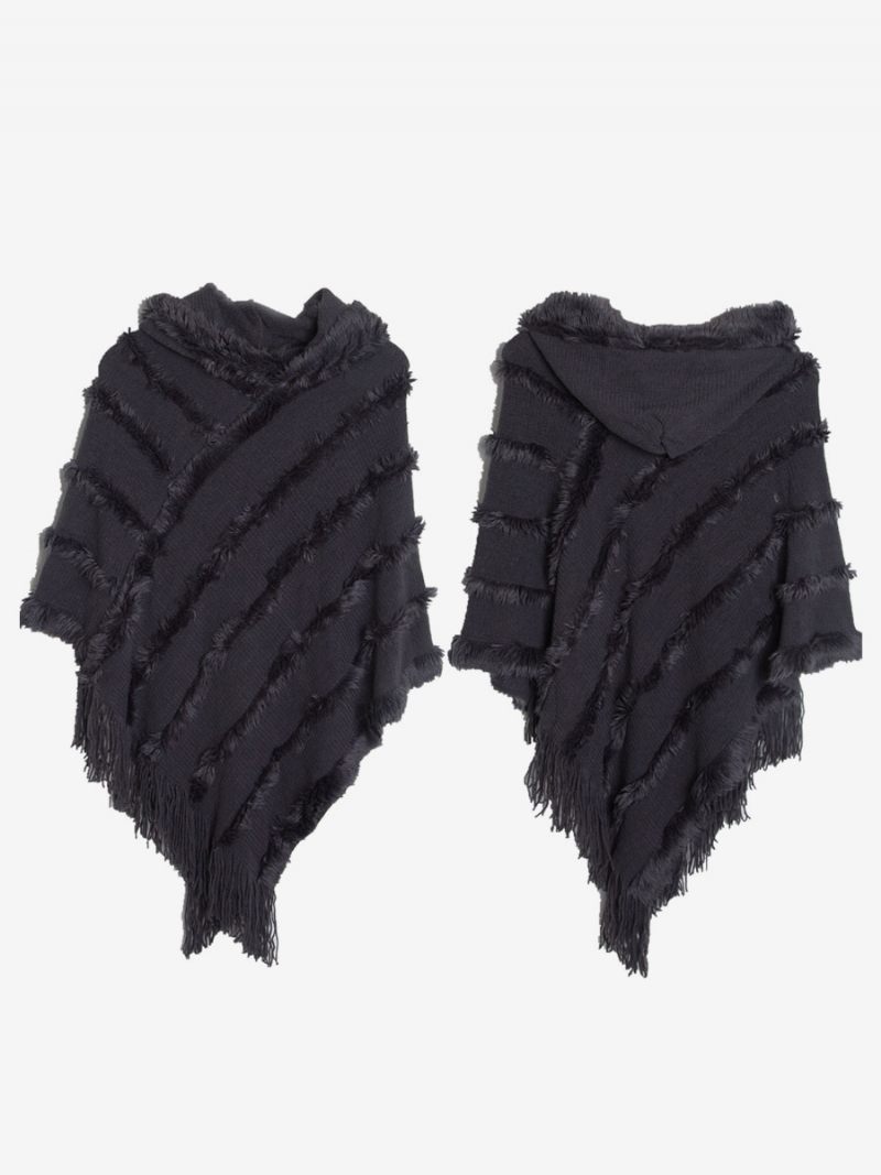 Poncho À Capuche Pour Femme Cape Franges Surdimensionnée Verte - Gris