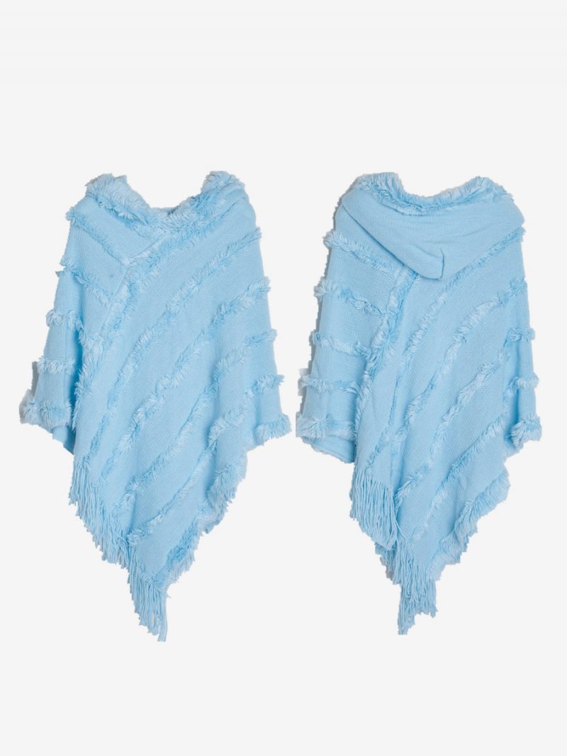 Poncho À Capuche Pour Femme Cape Franges Surdimensionnée Verte - Bleu Ciel Clair