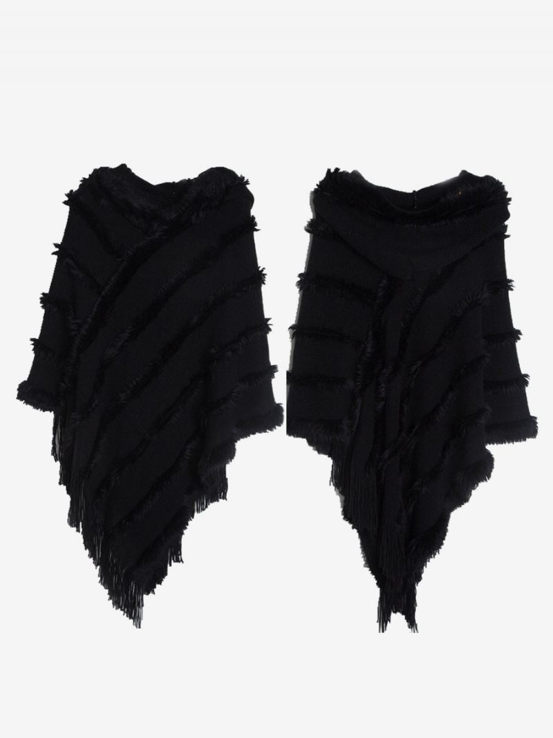 Poncho À Capuche Pour Femme Cape Franges Surdimensionnée Verte - Noir