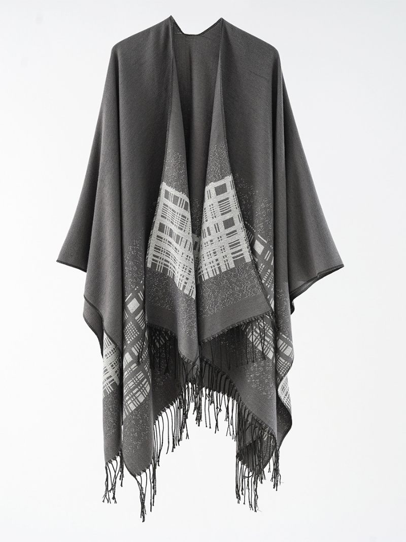 Poncho À Carreaux Pour Femmes Printemps Automne Quotidien Décontracté Avec Frange - Gris Foncé