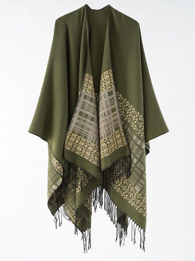 Poncho À Carreaux Pour Femmes Printemps Automne Quotidien Décontracté Avec Frange - Vert Chasseur