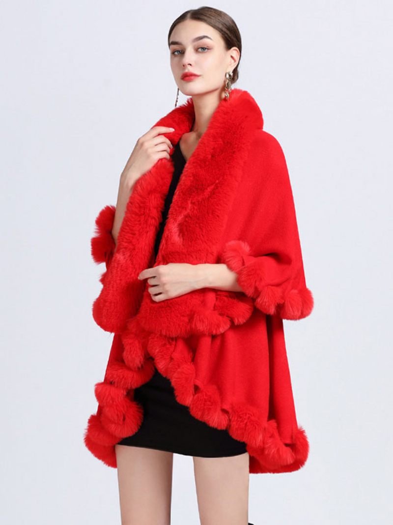 Poncho À Col Fausse Fourrure Pour Femme Vêtement D'extérieur Printemps - Rouge