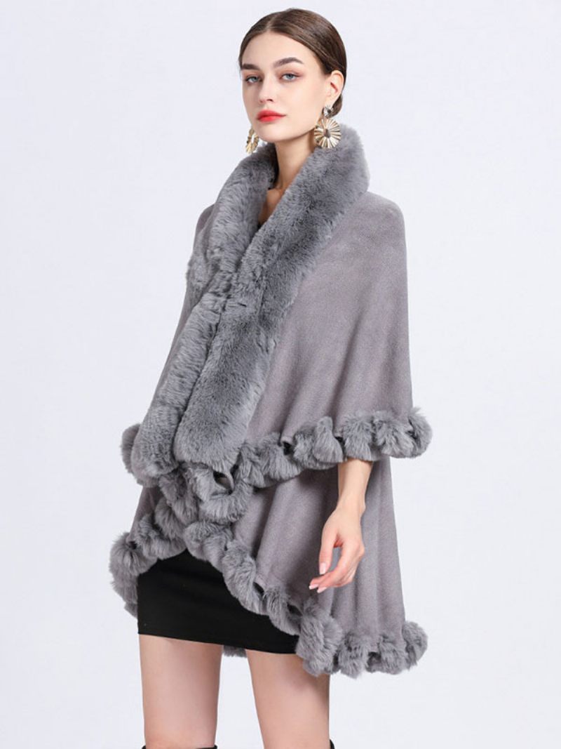 Poncho À Col Fausse Fourrure Pour Femme Vêtement D'extérieur Printemps - Gris