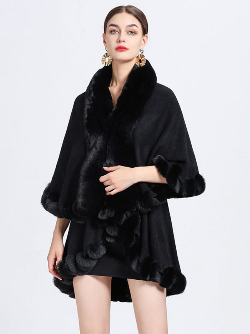 Poncho À Col Fausse Fourrure Pour Femme Vêtement D'extérieur Printemps - Noir