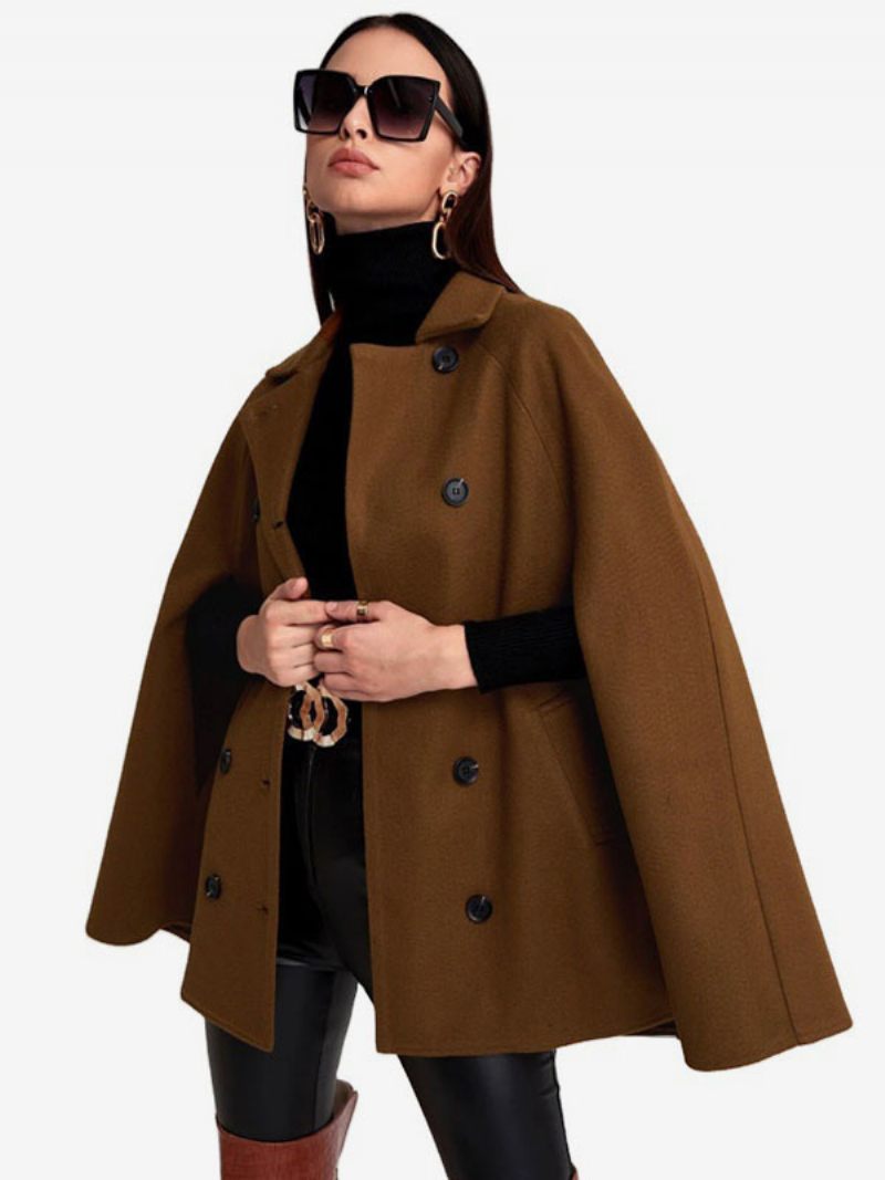 Poncho Double Boutonnage Cape Laine Vêtements D'extérieur Pour Femmes 2024 - Café Brun