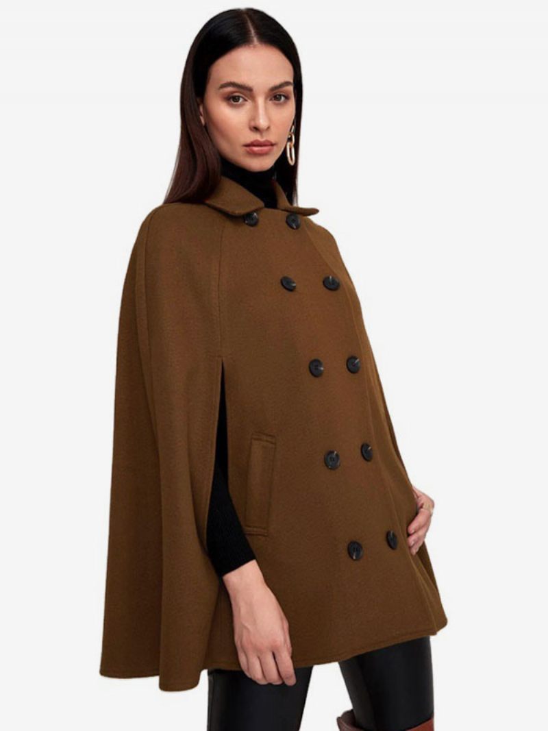 Poncho Double Boutonnage Cape Laine Vêtements D'extérieur Pour Femmes 2024 - Café Brun