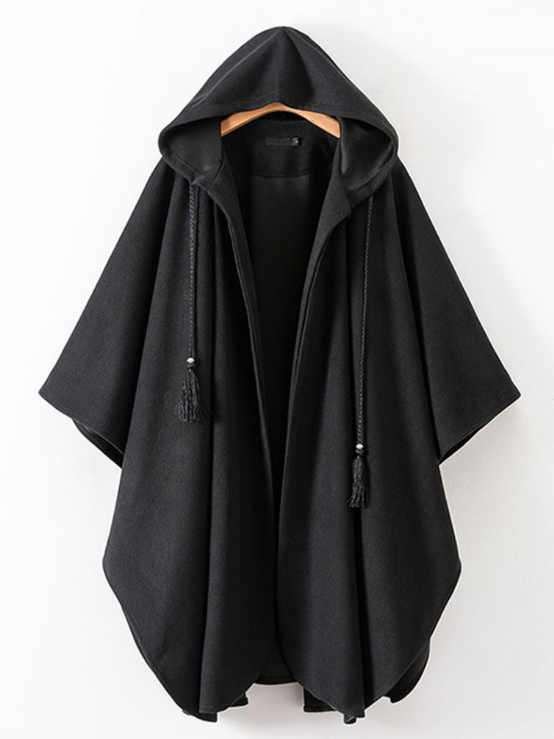 Poncho Femme À Capuche Noir Surdimensionné Glands Cape