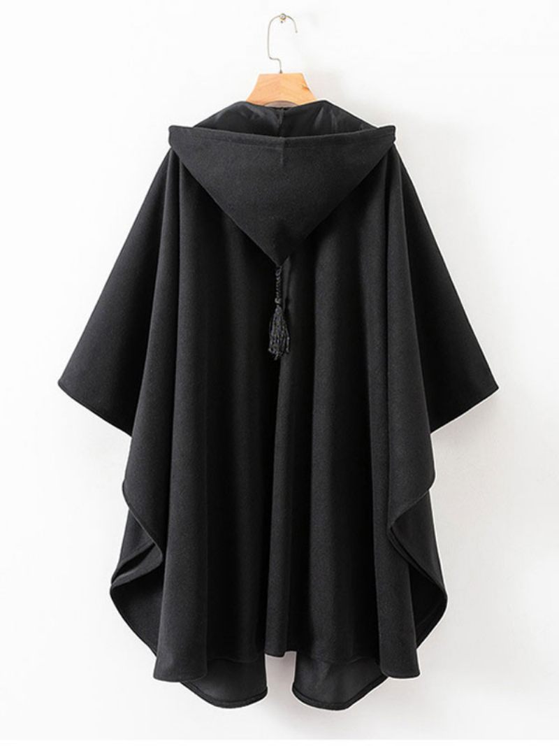 Poncho Femme À Capuche Noir Surdimensionné Glands Cape - Noir