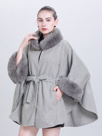 Poncho Femme Col Haut Gris Clair Cape Fausse Fourrure Surdimensionnée