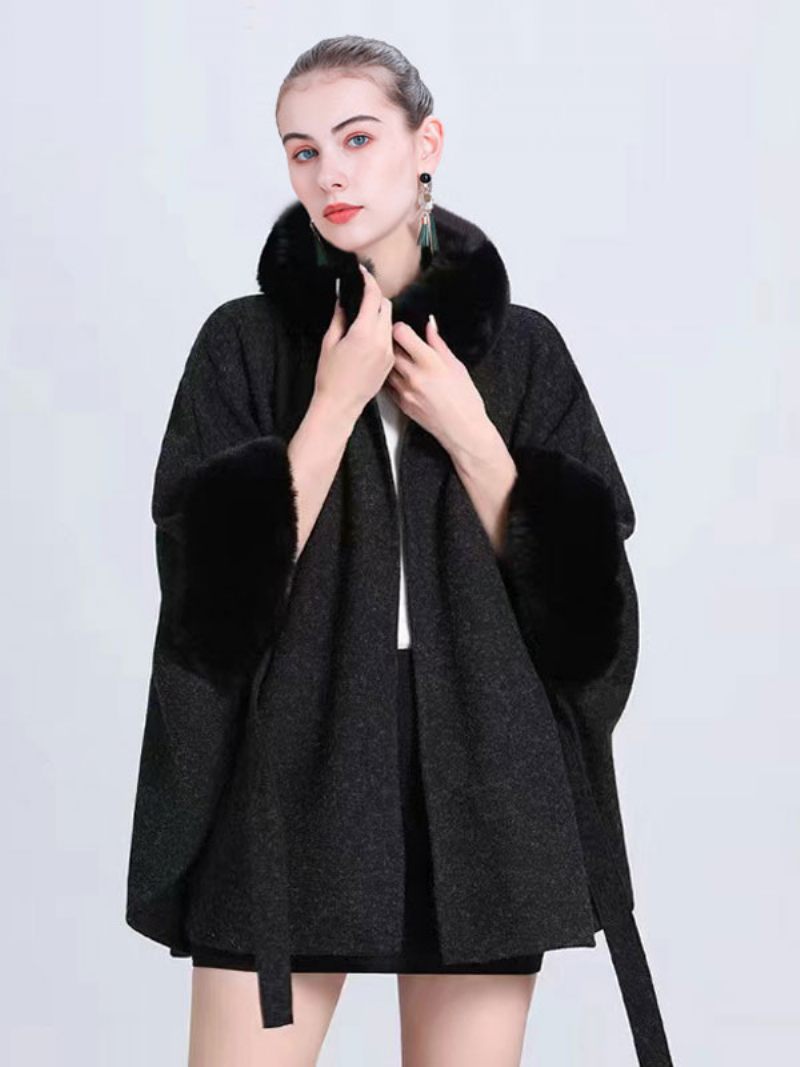 Poncho Femme Col Haut Gris Clair Cape Fausse Fourrure Surdimensionnée - Noir