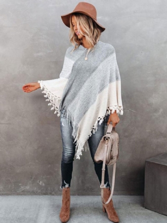 Poncho Femme Col V Gris Couches Franges Cape Vêtements D'extérieur Printemps