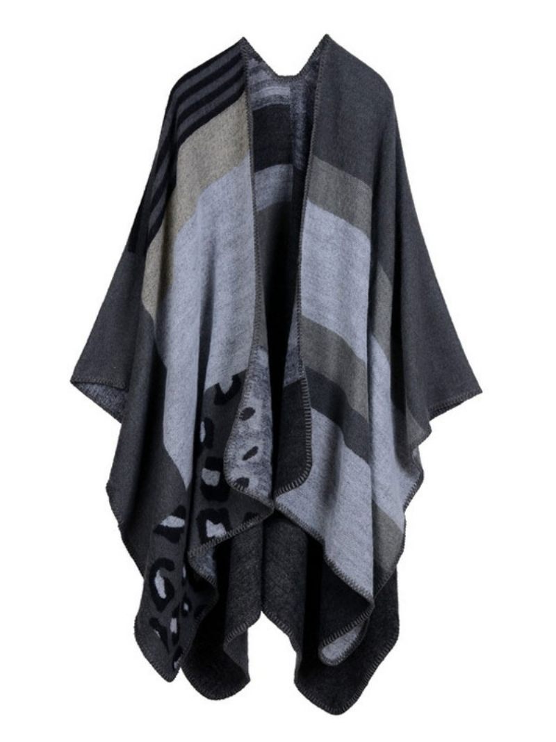 Poncho Femme Couleur Bloc Noir Irrégulier Conservation La Chaleur Surdimensionné Passepoil Cape - Gris Foncé