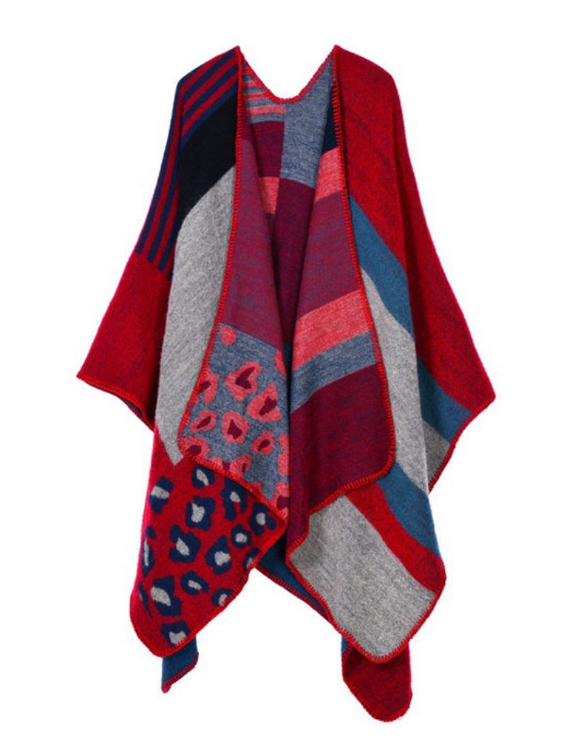 Poncho Femme Couleur Bloc Noir Irrégulier Conservation La Chaleur Surdimensionné Passepoil Cape - Rouge