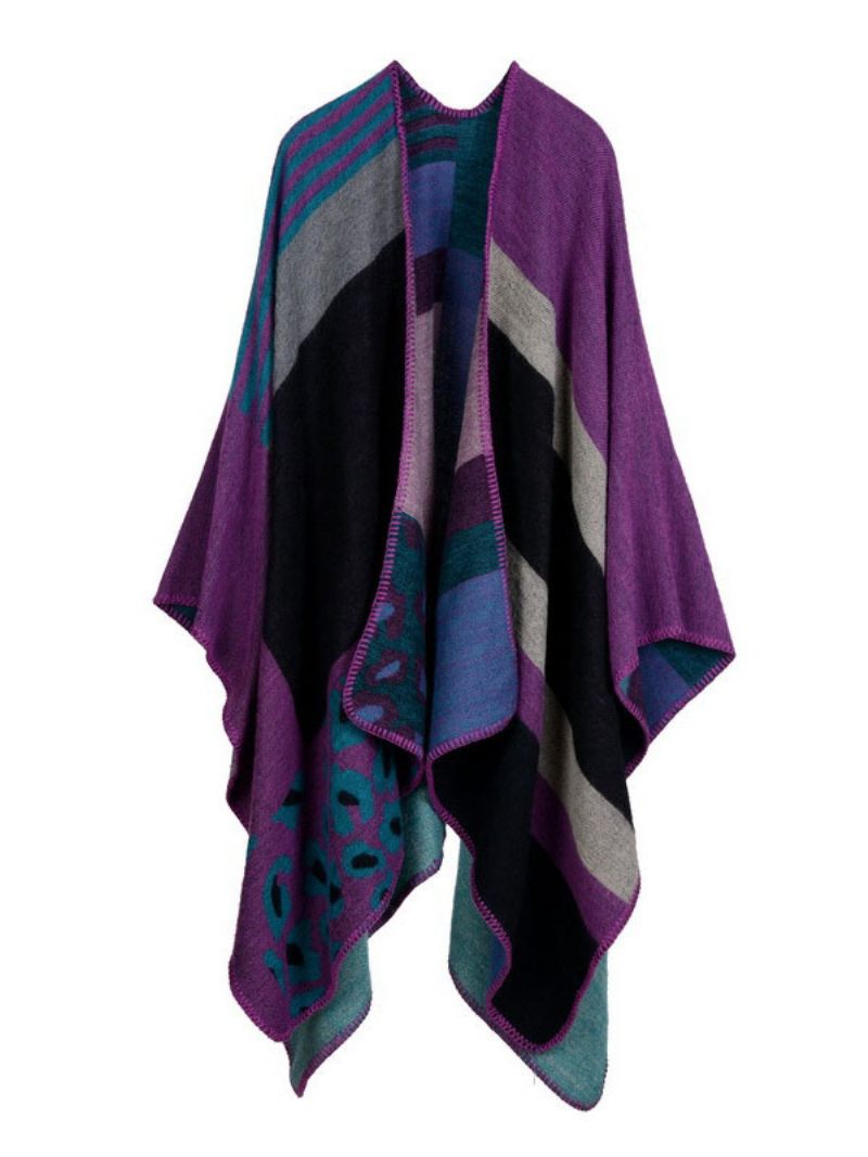 Poncho Femme Couleur Bloc Noir Irrégulier Conservation La Chaleur Surdimensionné Passepoil Cape - Fuchsia