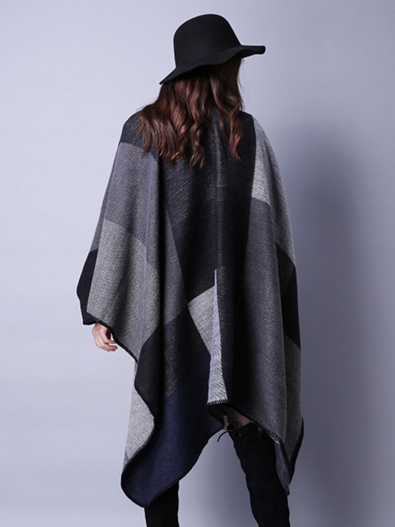 Poncho Femme Couleur Bloc Noir Irrégulier Conservation La Chaleur Surdimensionné Passepoil Cape - Noir