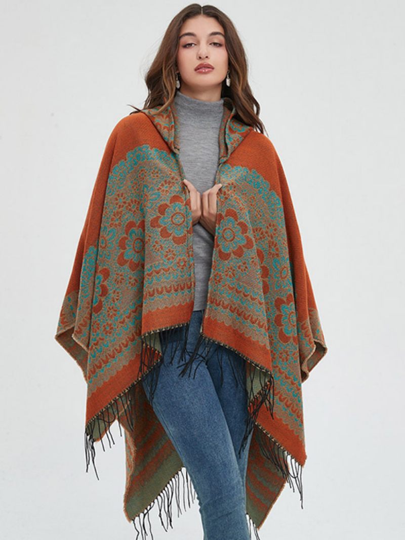 Poncho Floral Orné À Capuche Avec Cape Surdimensionnée Franges Pour Femmes