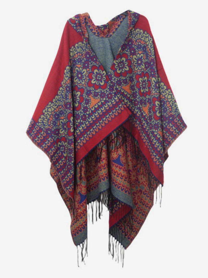 Poncho Floral Orné À Capuche Avec Cape Surdimensionnée Franges Pour Femmes - Rouge