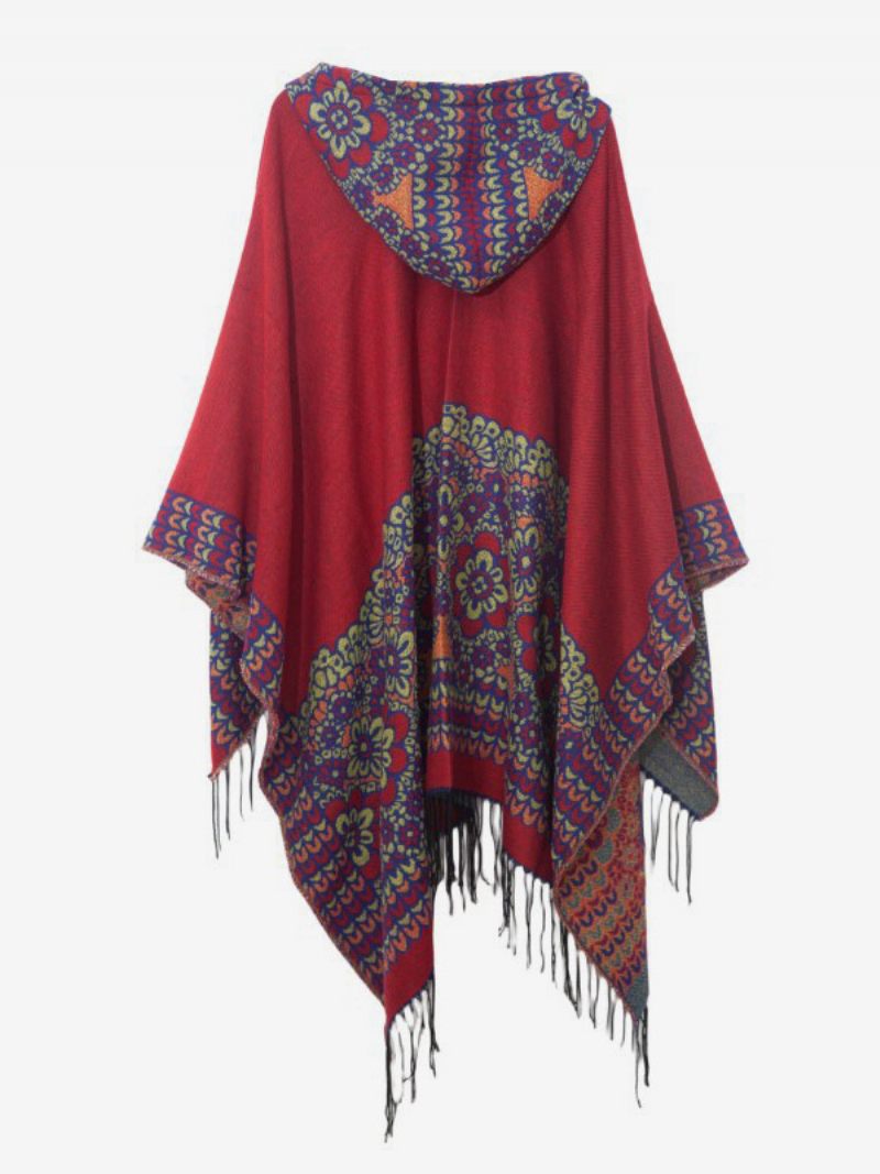 Poncho Floral Orné À Capuche Avec Cape Surdimensionnée Franges Pour Femmes - Rouge