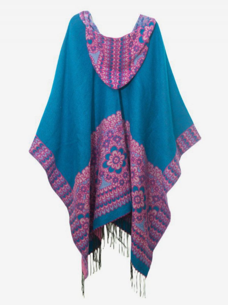 Poncho Floral Orné À Capuche Avec Cape Surdimensionnée Franges Pour Femmes - Bleu