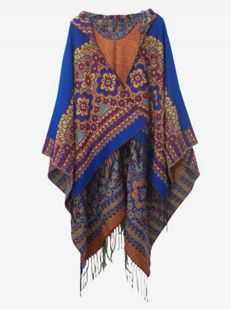 Poncho Floral Orné À Capuche Avec Cape Surdimensionnée Franges Pour Femmes - Bleu Royal