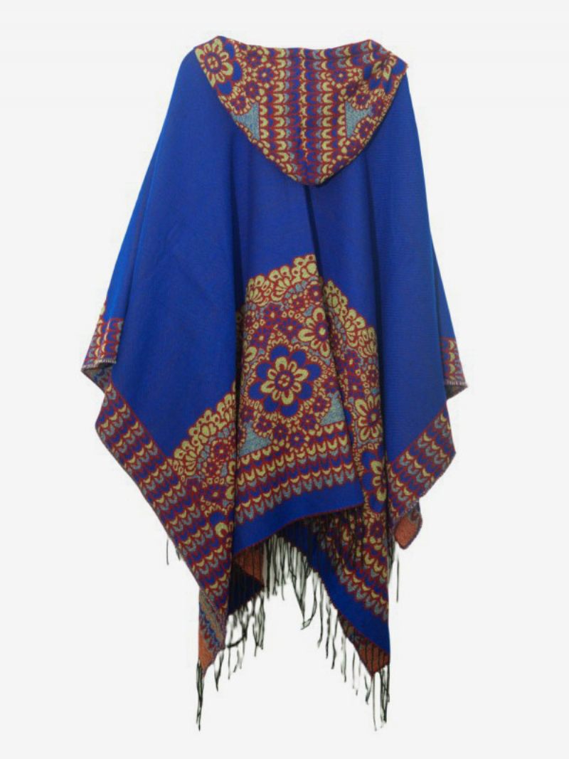 Poncho Floral Orné À Capuche Avec Cape Surdimensionnée Franges Pour Femmes - Bleu Royal