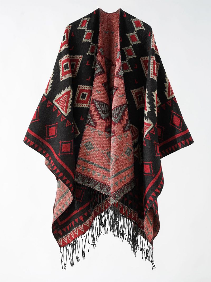 Poncho À Imprimé Géométrique Pour Femme Cape Décontractée Quotidienne Avec Frange - Rouge