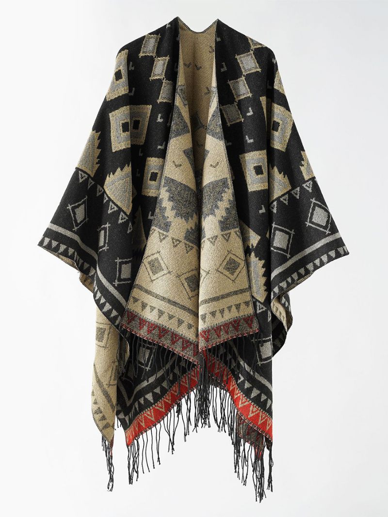 Poncho À Imprimé Géométrique Pour Femme Cape Décontractée Quotidienne Avec Frange - Marron Café