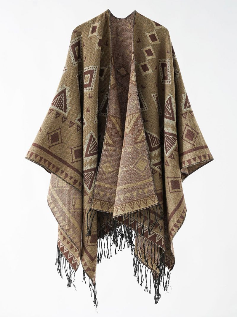 Poncho À Imprimé Géométrique Pour Femme Cape Décontractée Quotidienne Avec Frange - Camel