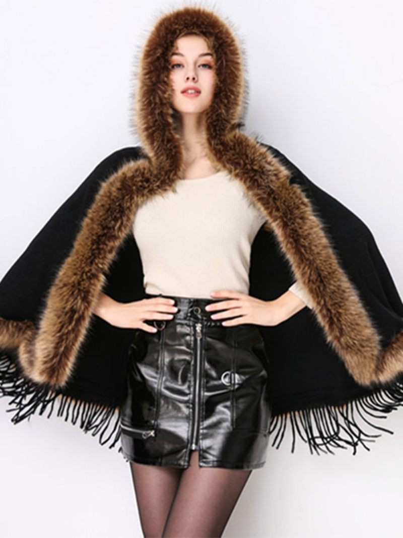 Poncho Noël Pour Femmes Cape À Capuche Et Franges Vêtements D'extérieur D'hiver 2024 - Noir