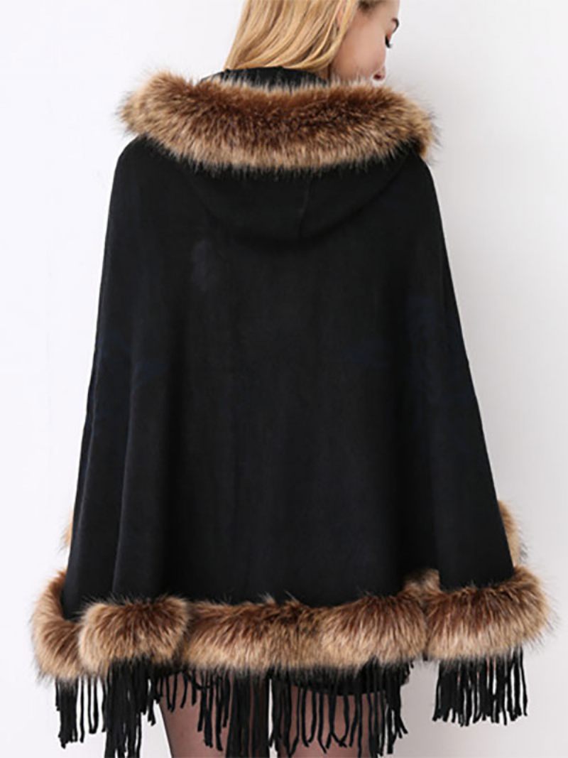 Poncho Noël Pour Femmes Cape À Capuche Et Franges Vêtements D'extérieur D'hiver 2024 - Noir