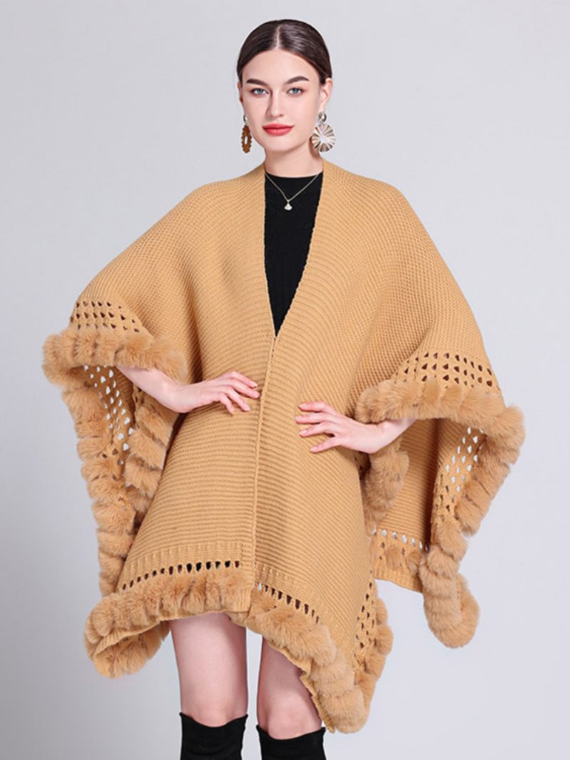 Poncho Surdimensionné Pour Femmes Col V Bordure À Franges Découpée Cape Couleur Unie