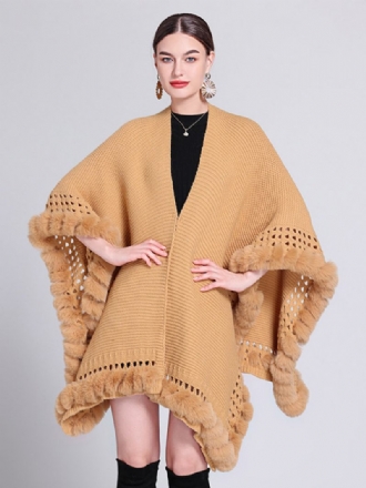 Poncho Surdimensionné Pour Femmes Col V Bordure À Franges Découpée Cape Couleur Unie