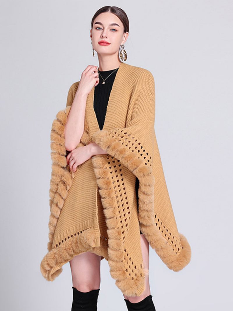 Poncho Surdimensionné Pour Femmes Col V Bordure À Franges Découpée Cape Couleur Unie - Camel