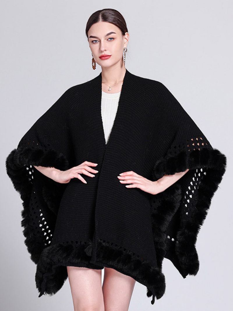 Poncho Surdimensionné Pour Femmes Col V Bordure À Franges Découpée Cape Couleur Unie - Noir