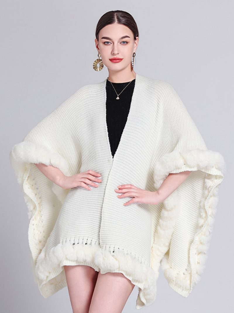 Poncho Surdimensionné Pour Femmes Col V Bordure À Franges Découpée Cape Couleur Unie - Blanc