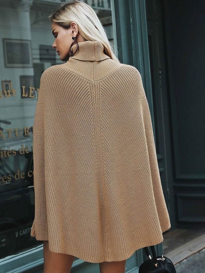 Poncho Tricoté À Col Roulé Pour Femme Cape D'automne Décontractée Noire - Camel