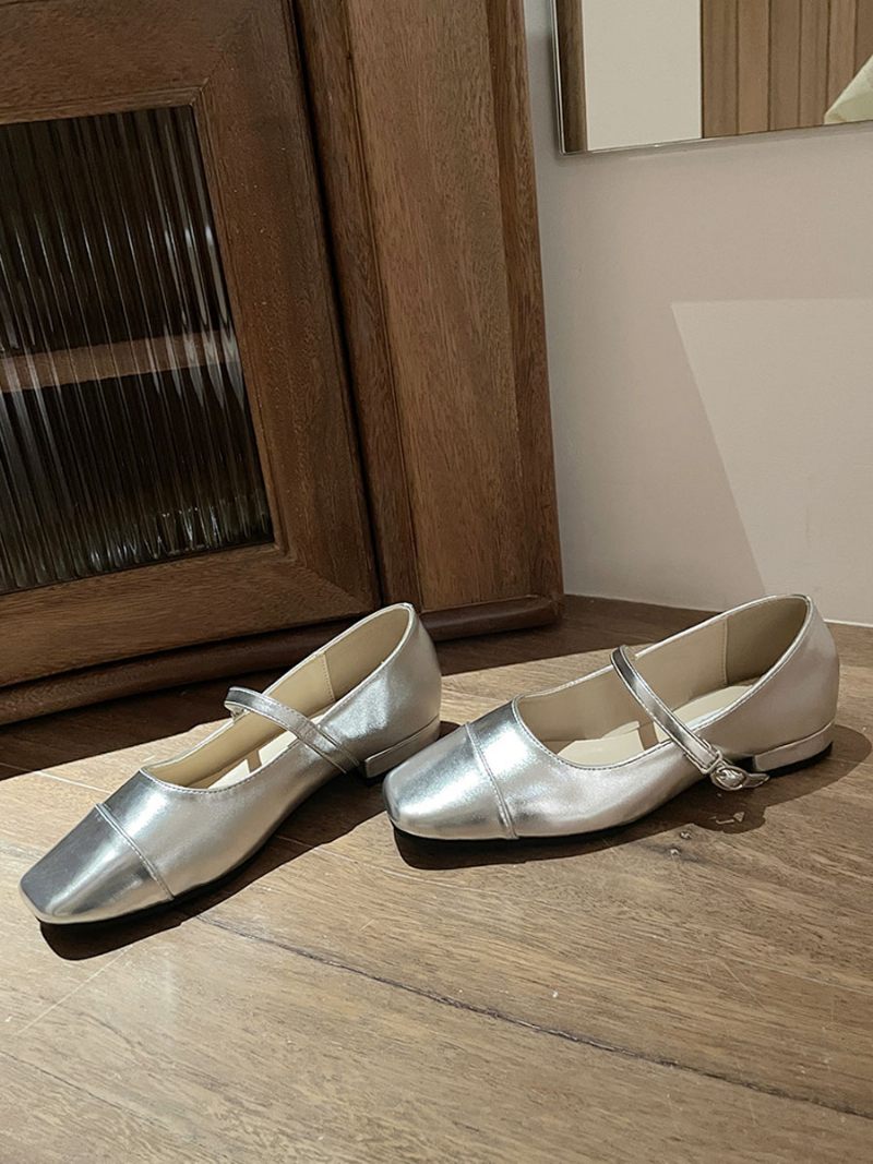 Ballerines Cuir Pu À Bout Carré Pour Femmes - Argent