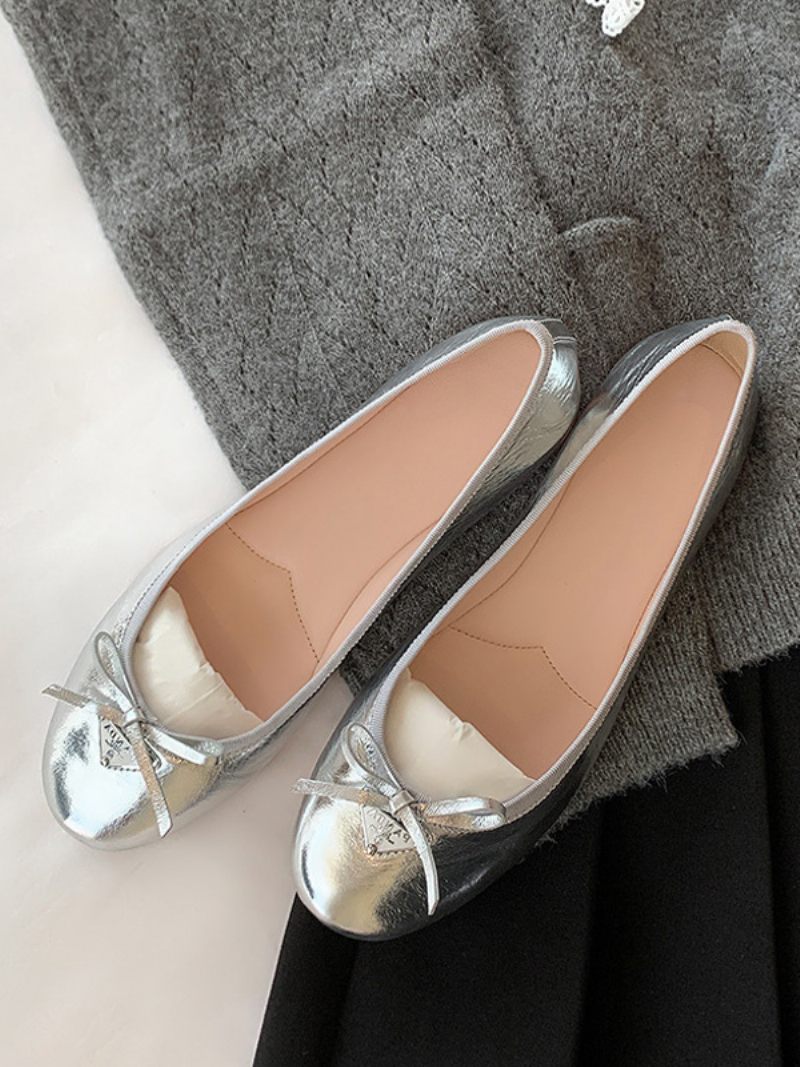 Ballerines Cuir Pu À Bout Rond Pour Femmes - Argent