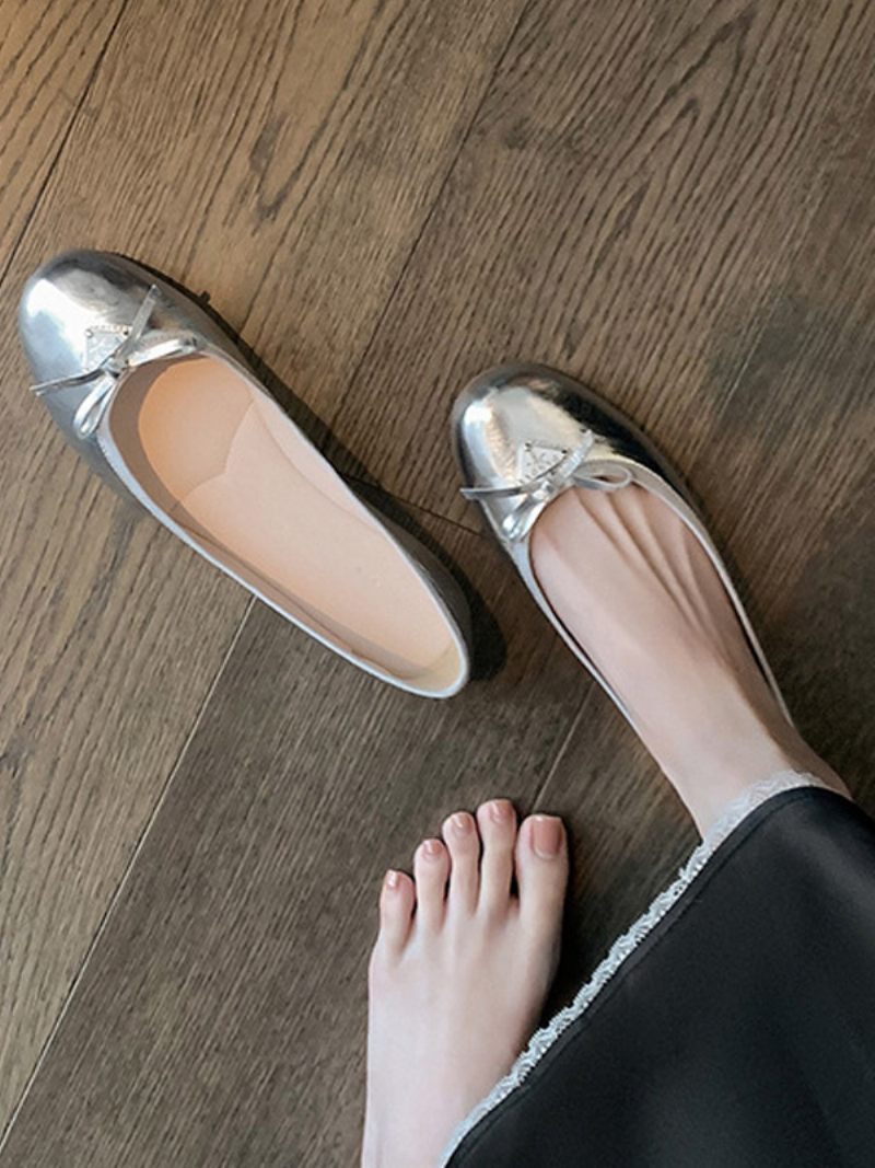 Ballerines Cuir Pu À Bout Rond Pour Femmes - Argent